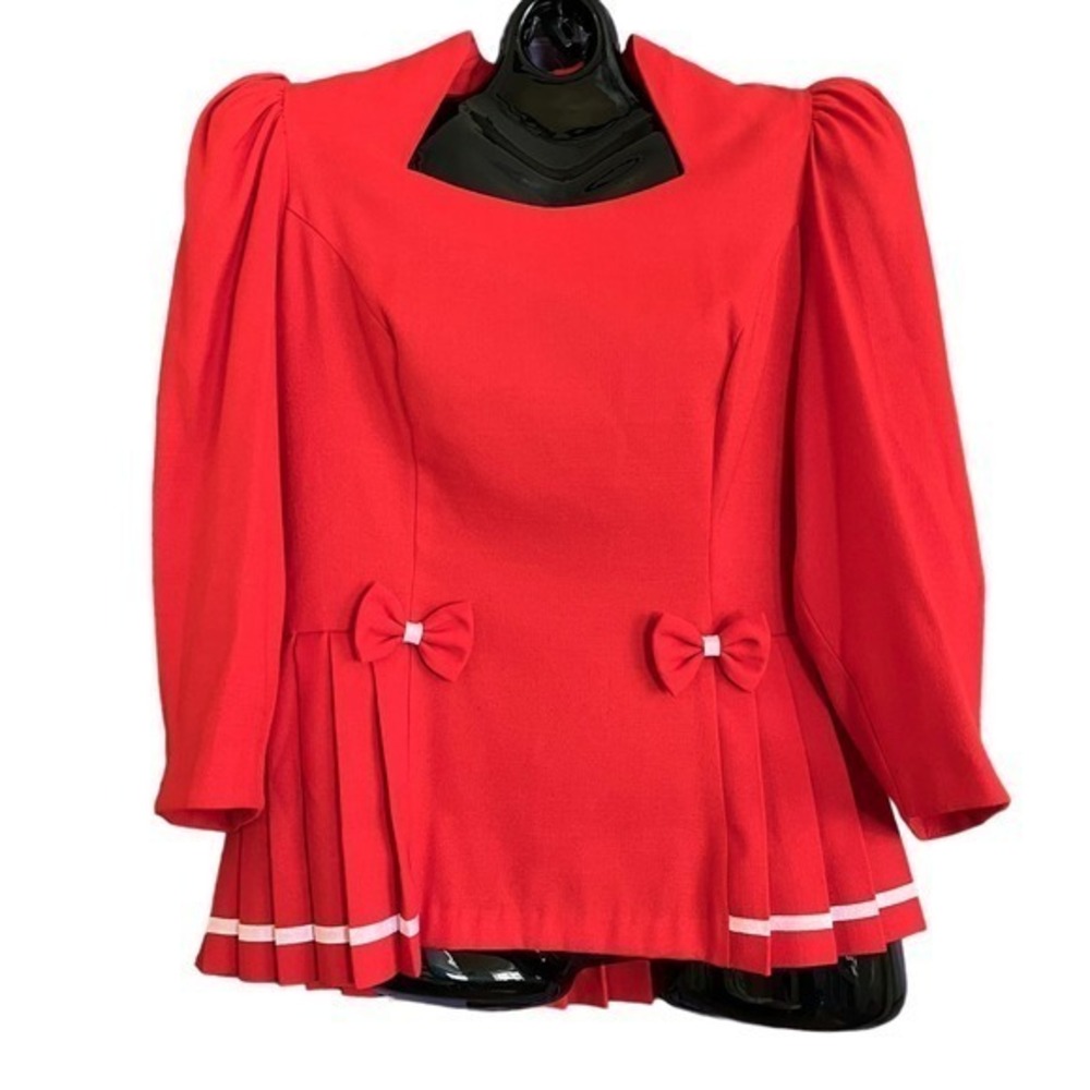 Vintage Go Vicki! Red Pleated Peplum Bow Detail Lolita Blouse Size M/L